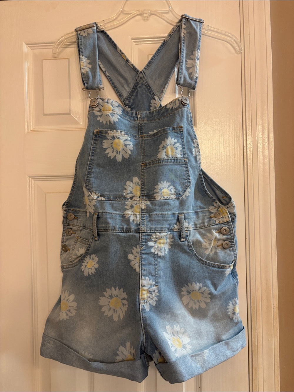 NOBO Y2K  Blue Denim Daisy Print Short Overalls 7-9